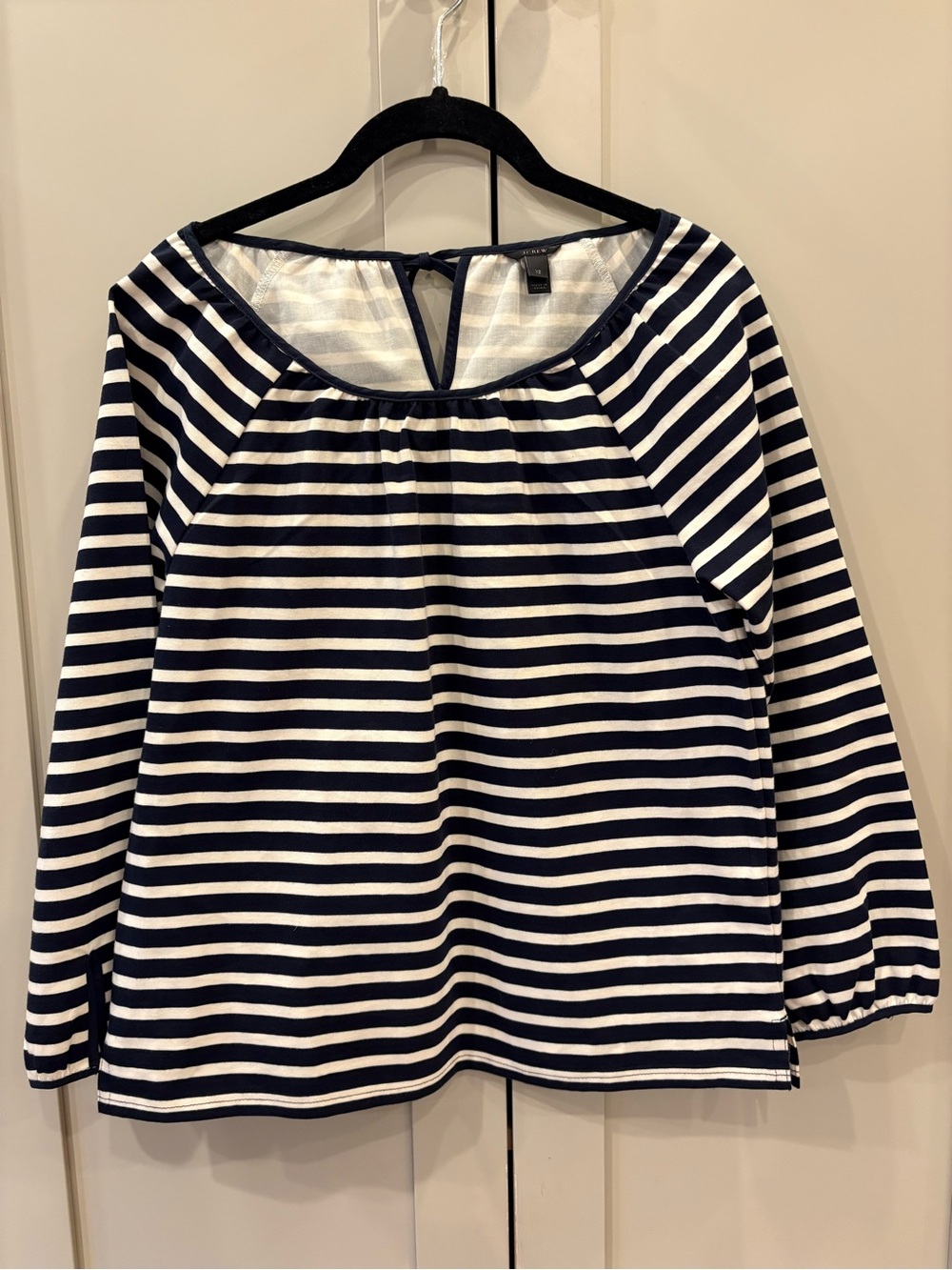J. Crew Style F8812 Navy & White Striped 100% Cotton Peasant Top